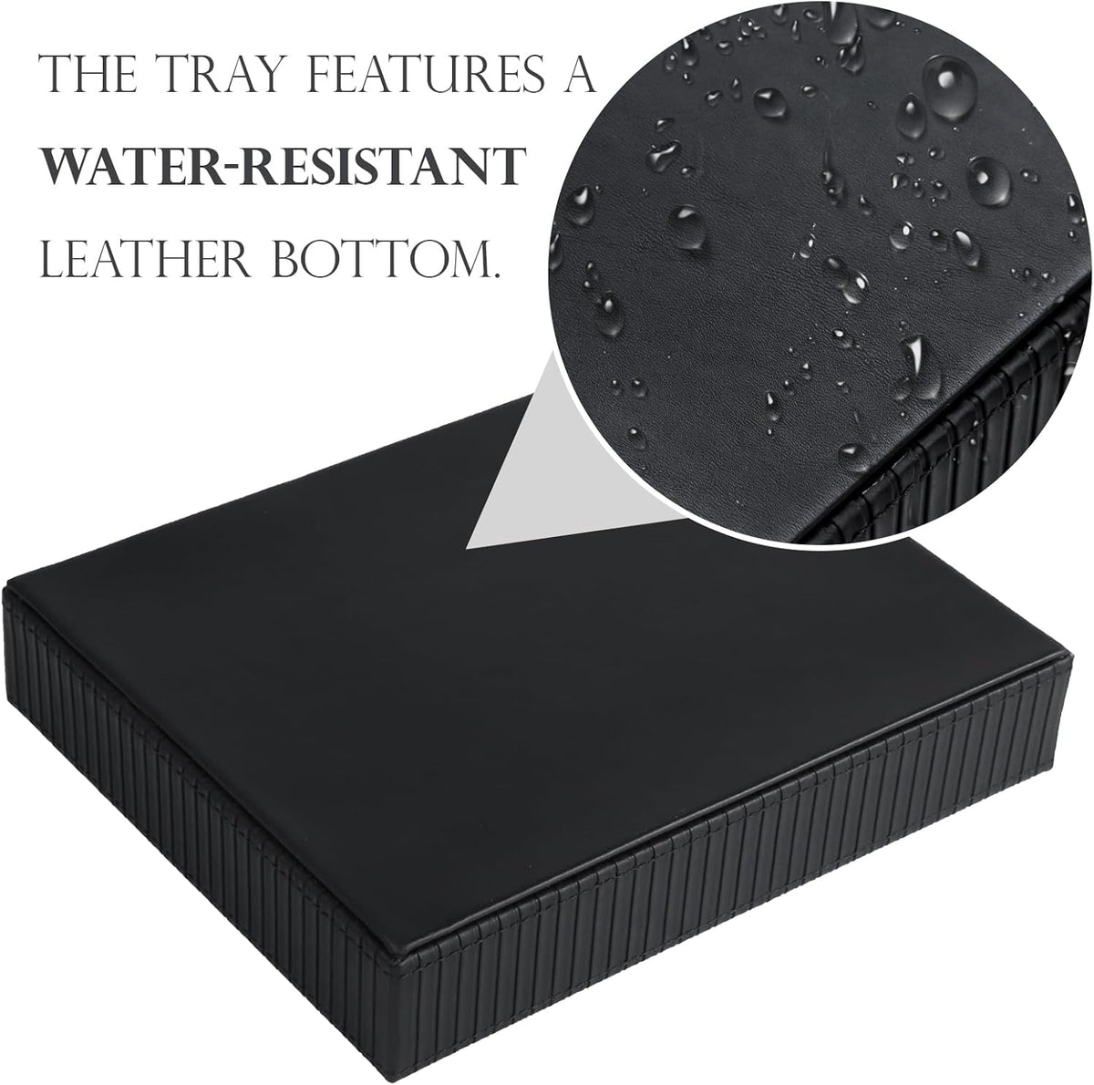 Faux Leather Vanity Tray, Elegant Desktop Storage Organizer, Decorative Catchall for Perfume, Bathroom Valet, Nightstand or Dresser, Black, 10.2 x 8.4 x 1.8 Inches