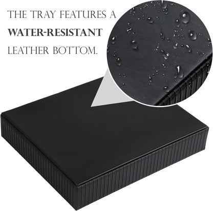 Faux Leather Vanity Tray, Elegant Desktop Storage Organizer, Decorative Catchall for Perfume, Bathroom Valet, Nightstand or Dresser, Black, 10.2 x 8.4 x 1.8 Inches