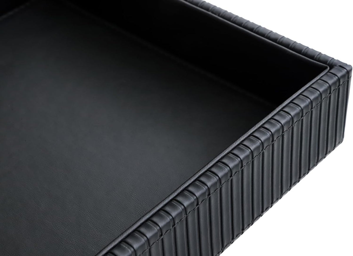Faux Leather Vanity Tray, Elegant Desktop Storage Organizer, Decorative Catchall for Perfume, Bathroom Valet, Nightstand or Dresser, Black, 10.2 x 8.4 x 1.8 Inches