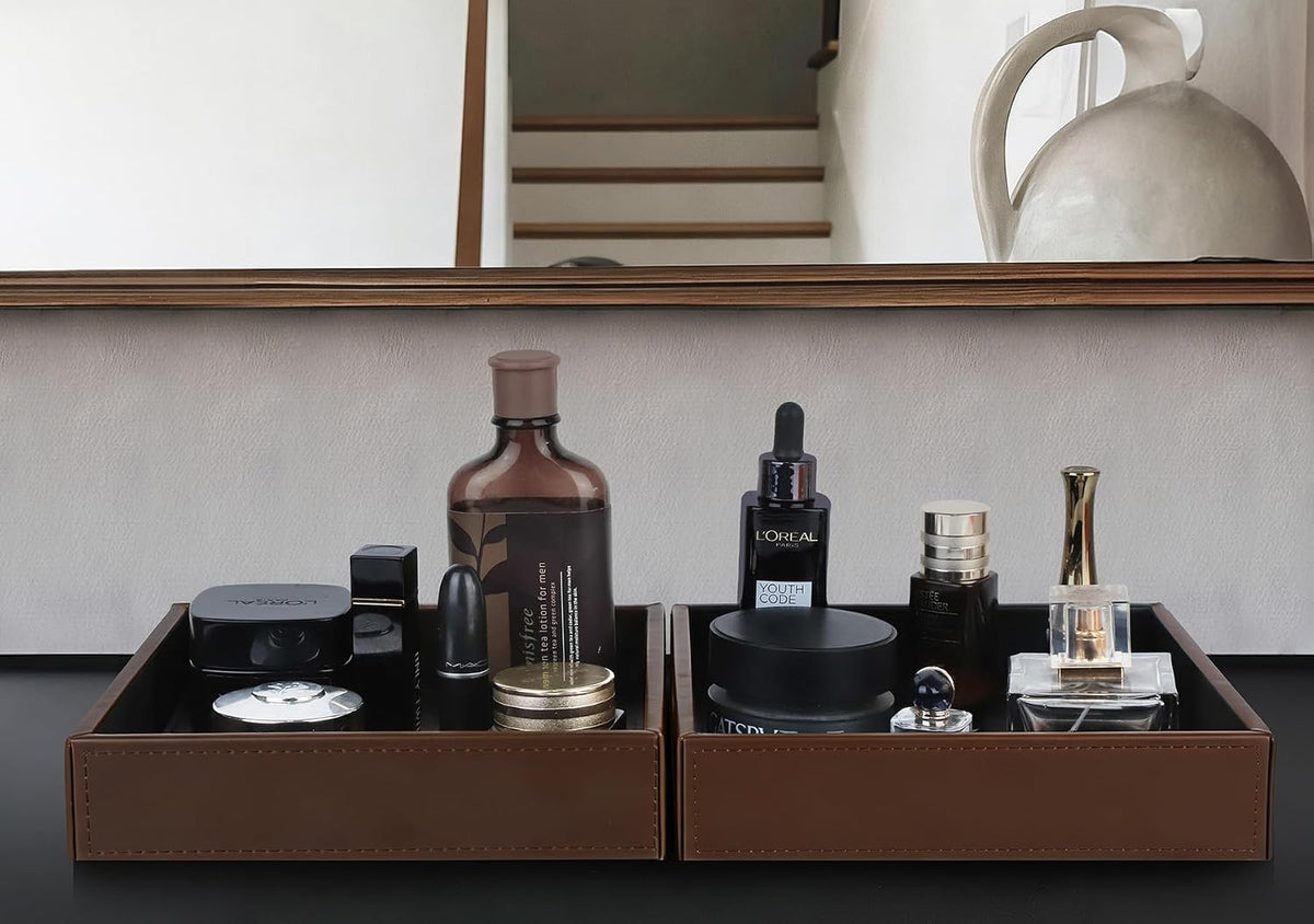 Faux Leather Vanity Tray, Elegant Desktop Storage Organizer, Decorative Catchall for Perfume, Bathroom Valet, Nightstand or Dresser, Black, 10.2 x 8.4 x 1.8 Inches