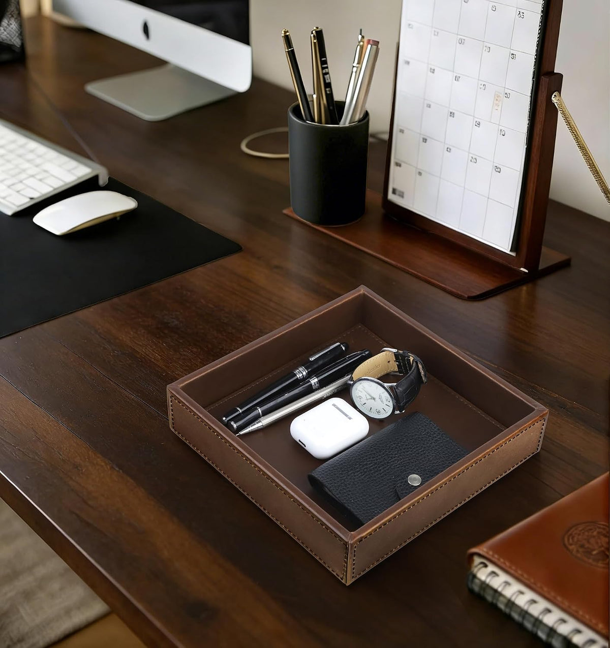 Faux Leather Vanity Tray, Elegant Desktop Storage Organizer, Decorative Catchall for Perfume, Bathroom Valet, Nightstand or Dresser, Black, 10.2 x 8.4 x 1.8 Inches
