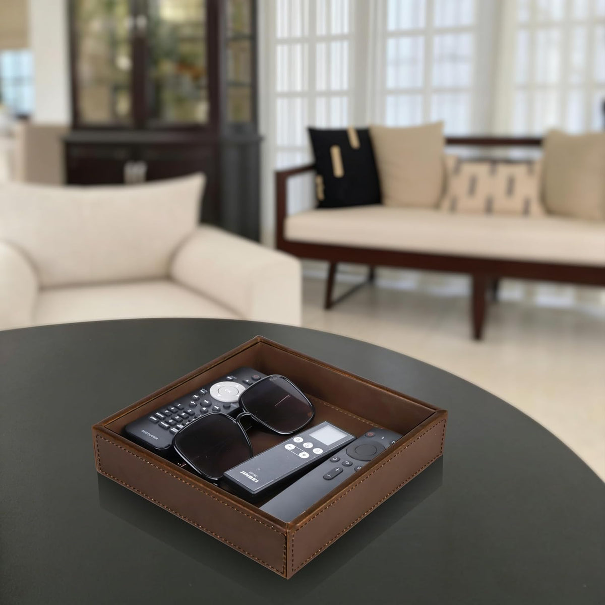 Faux Leather Vanity Tray, Elegant Desktop Storage Organizer, Decorative Catchall for Perfume, Bathroom Valet, Nightstand or Dresser, Black, 10.2 x 8.4 x 1.8 Inches