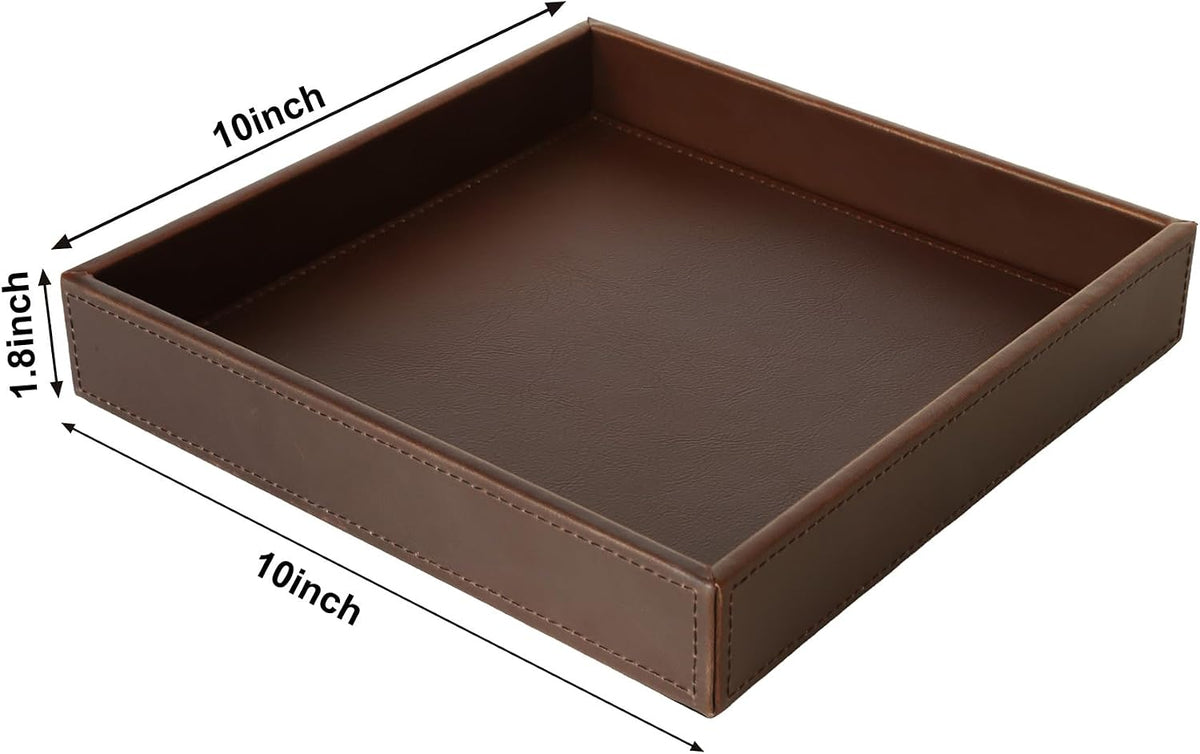 Faux Leather Vanity Tray, Elegant Desktop Storage Organizer, Decorative Catchall for Perfume, Bathroom Valet, Nightstand or Dresser, Black, 10.2 x 8.4 x 1.8 Inches