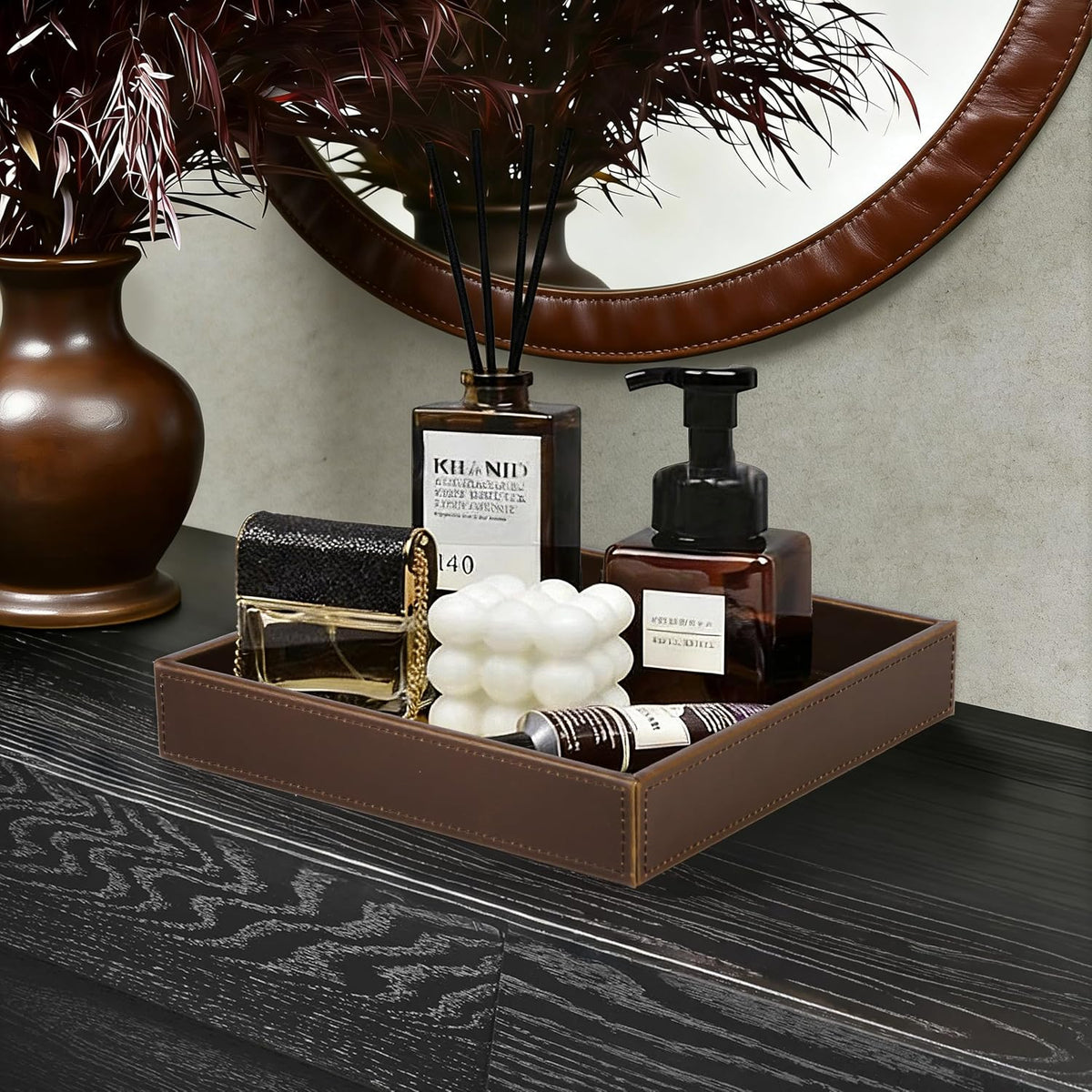 Faux Leather Vanity Tray, Elegant Desktop Storage Organizer, Decorative Catchall for Perfume, Bathroom Valet, Nightstand or Dresser, Black, 10.2 x 8.4 x 1.8 Inches