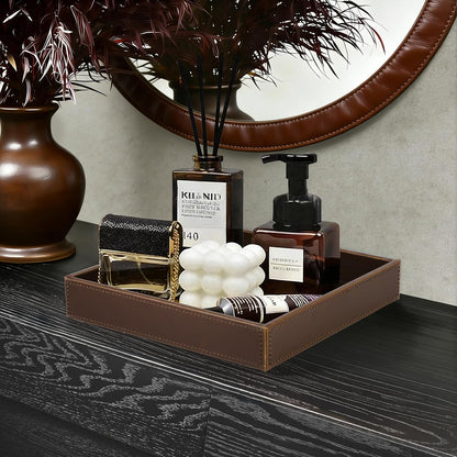 Faux Leather Vanity Tray, Elegant Desktop Storage Organizer, Decorative Catchall for Perfume, Bathroom Valet, Nightstand or Dresser, Black, 10.2 x 8.4 x 1.8 Inches