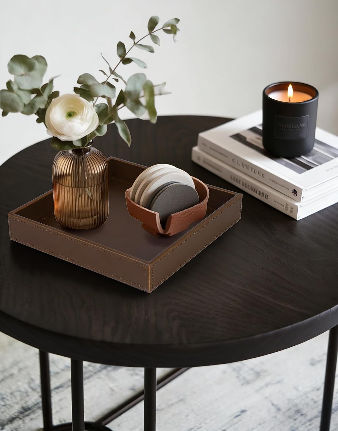 Faux Leather Vanity Tray, Elegant Desktop Storage Organizer, Decorative Catchall for Perfume, Bathroom Valet, Nightstand or Dresser, Black, 10.2 x 8.4 x 1.8 Inches