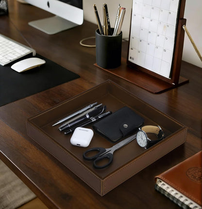 Faux Leather Vanity Tray, Elegant Desktop Storage Organizer, Decorative Catchall for Perfume, Bathroom Valet, Nightstand or Dresser, Black, 10.2 x 8.4 x 1.8 Inches