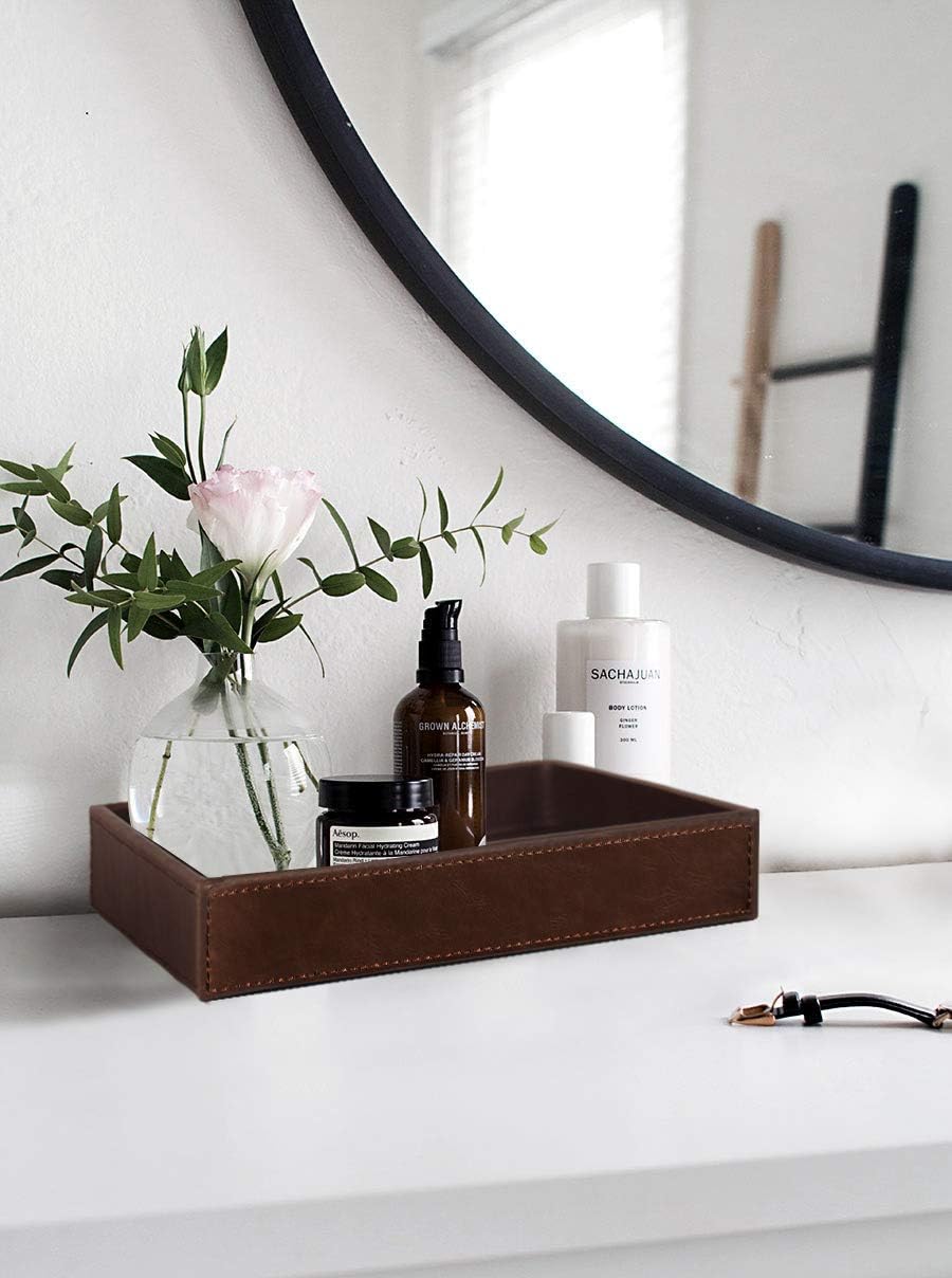 Faux Leather Vanity Tray, Elegant Desktop Storage Organizer, Decorative Catchall for Perfume, Bathroom Valet, Nightstand or Dresser, Black, 10.2 x 8.4 x 1.8 Inches
