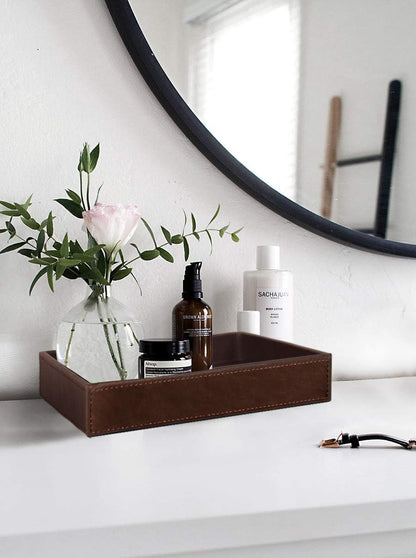 Faux Leather Vanity Tray, Elegant Desktop Storage Organizer, Decorative Catchall for Perfume, Bathroom Valet, Nightstand or Dresser, Black, 10.2 x 8.4 x 1.8 Inches