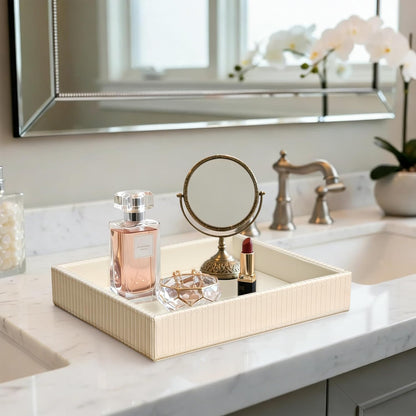 Faux Leather Vanity Tray, Elegant Desktop Storage Organizer, Decorative Catchall for Perfume, Bathroom Valet, Nightstand or Dresser, Black, 10.2 x 8.4 x 1.8 Inches