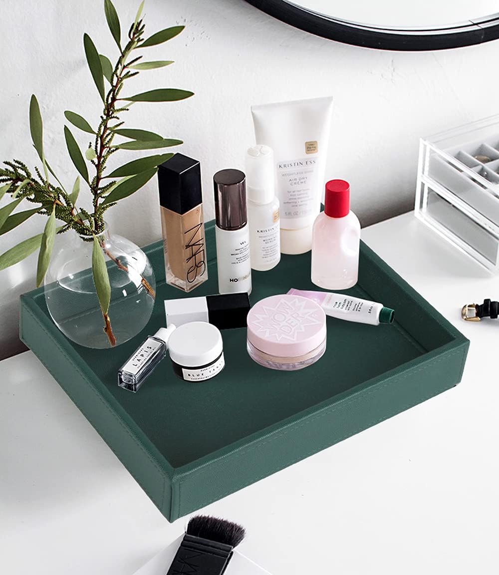 Faux Leather Vanity Tray, Elegant Desktop Storage Organizer, Decorative Catchall for Perfume, Bathroom Valet, Nightstand or Dresser, Black, 10.2 x 8.4 x 1.8 Inches