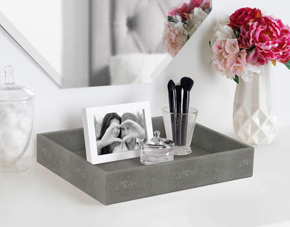 Faux Leather Vanity Tray, Elegant Desktop Storage Organizer, Decorative Catchall for Perfume, Bathroom Valet, Nightstand or Dresser, Black, 10.2 x 8.4 x 1.8 Inches