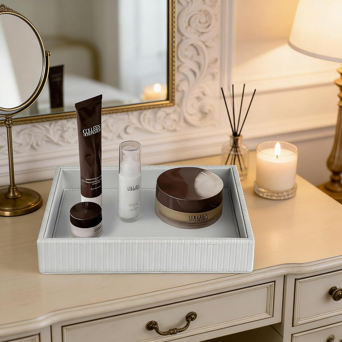Faux Leather Vanity Tray, Elegant Desktop Storage Organizer, Decorative Catchall for Perfume, Bathroom Valet, Nightstand or Dresser, Black, 10.2 x 8.4 x 1.8 Inches