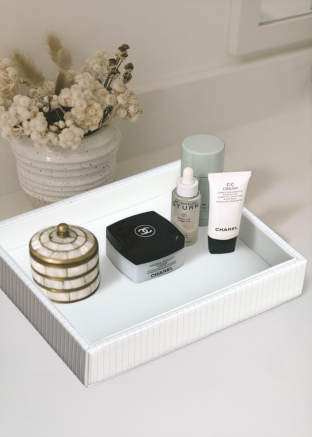 Faux Leather Vanity Tray, Elegant Desktop Storage Organizer, Decorative Catchall for Perfume, Bathroom Valet, Nightstand or Dresser, Black, 10.2 x 8.4 x 1.8 Inches