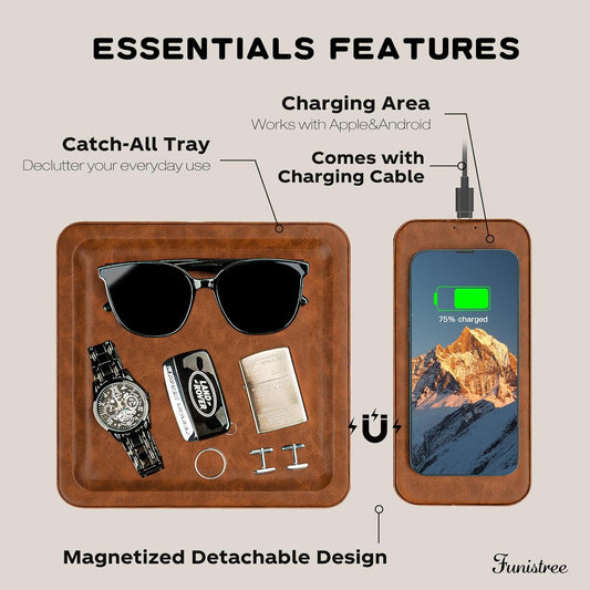 PU Leather Wireless Charging Station and Valet Tray, Gift for Men Husband Dad from Wife Daughter Son, Nightstand Organizer for Men Women,Christmas Boyfriend Anniversary Birthday Gifts for Him