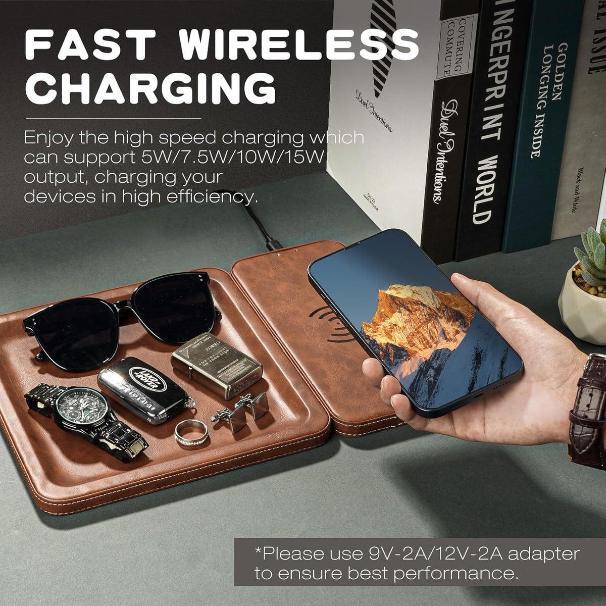 PU Leather Wireless Charging Station and Valet Tray, Gift for Men Husband Dad from Wife Daughter Son, Nightstand Organizer for Men Women,Christmas Boyfriend Anniversary Birthday Gifts for Him