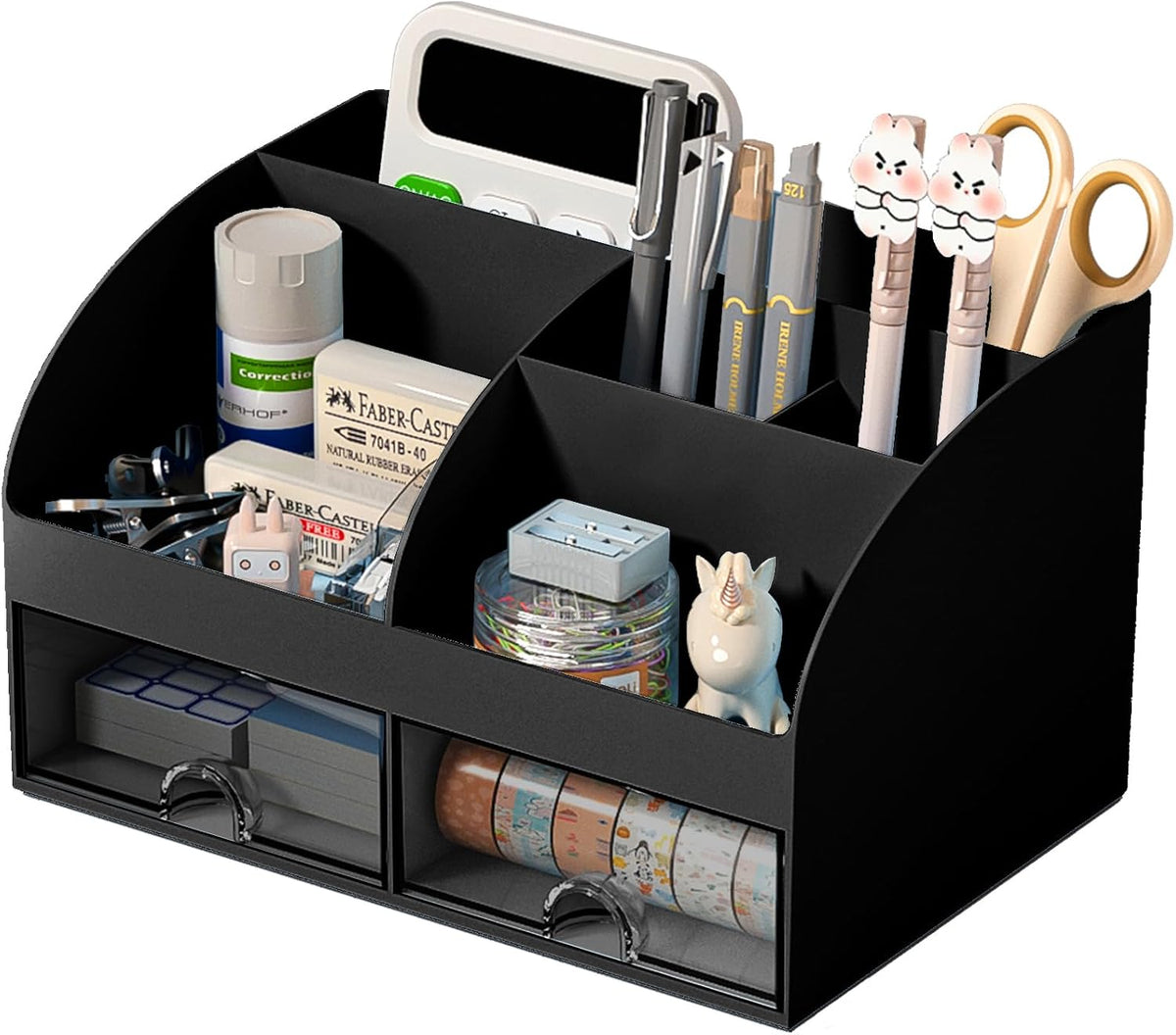 Desk Organizer with 6 Compartments and 2 Drawers, Plastic Makeup Organizer, Pen Holder for Desktop Storage, Desk Organization for School, Home, Office Supplies (White)