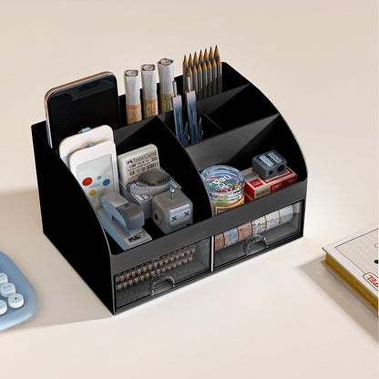 Desk Organizer with 6 Compartments and 2 Drawers, Plastic Makeup Organizer, Pen Holder for Desktop Storage, Desk Organization for School, Home, Office Supplies (White)