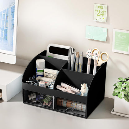 Desk Organizer with 6 Compartments and 2 Drawers, Plastic Makeup Organizer, Pen Holder for Desktop Storage, Desk Organization for School, Home, Office Supplies (White)