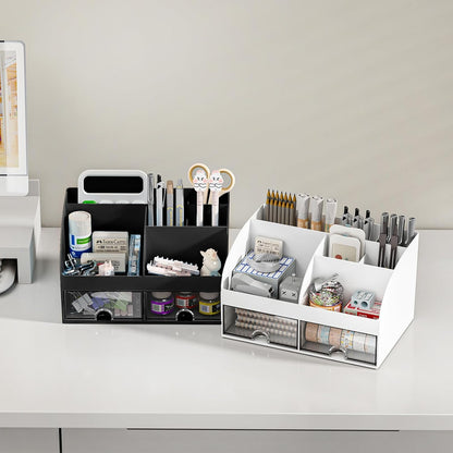 Desk Organizer with 6 Compartments and 2 Drawers, Plastic Makeup Organizer, Pen Holder for Desktop Storage, Desk Organization for School, Home, Office Supplies (White)