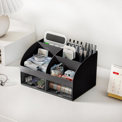 Desk Organizer with 6 Compartments and 2 Drawers, Plastic Makeup Organizer, Pen Holder for Desktop Storage, Desk Organization for School, Home, Office Supplies (White)