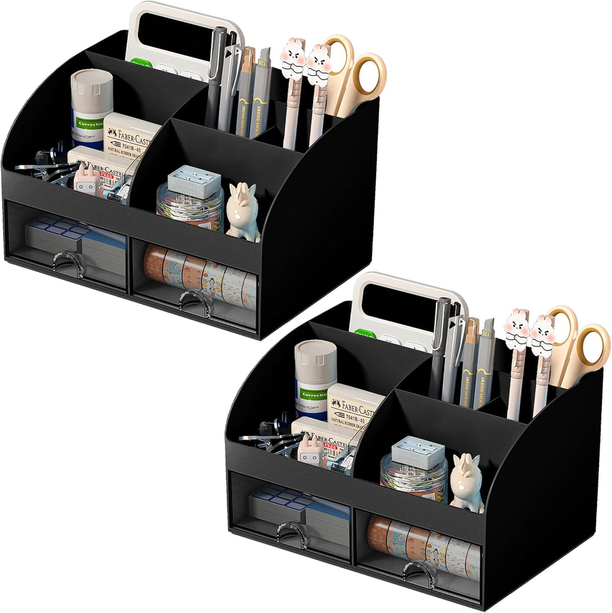 Desk Organizer with 6 Compartments and 2 Drawers, Plastic Makeup Organizer, Pen Holder for Desktop Storage, Desk Organization for School, Home, Office Supplies (White)
