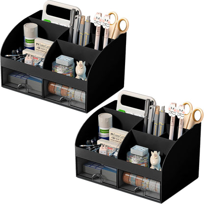 Desk Organizer with 6 Compartments and 2 Drawers, Plastic Makeup Organizer, Pen Holder for Desktop Storage, Desk Organization for School, Home, Office Supplies (White)