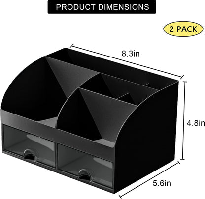 Desk Organizer with 6 Compartments and 2 Drawers, Plastic Makeup Organizer, Pen Holder for Desktop Storage, Desk Organization for School, Home, Office Supplies (White)
