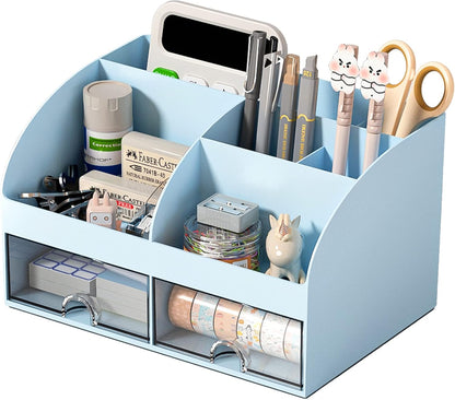 Desk Organizer with 6 Compartments and 2 Drawers, Plastic Makeup Organizer, Pen Holder for Desktop Storage, Desk Organization for School, Home, Office Supplies (White)