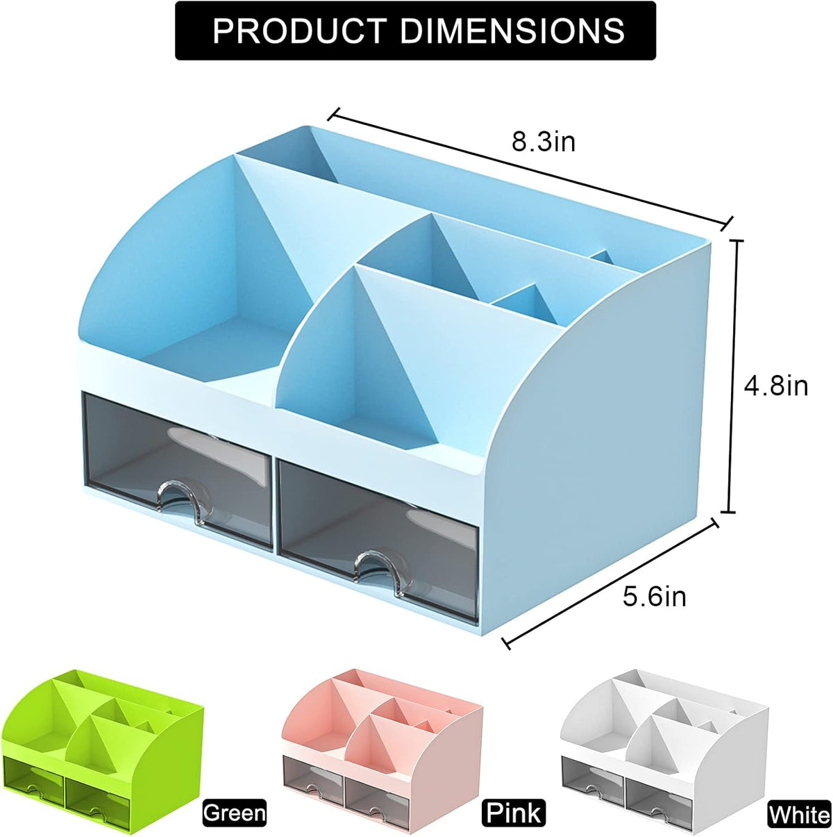 Desk Organizer with 6 Compartments and 2 Drawers, Plastic Makeup Organizer, Pen Holder for Desktop Storage, Desk Organization for School, Home, Office Supplies (White)