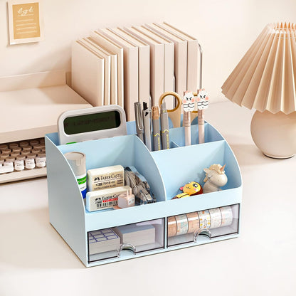 Desk Organizer with 6 Compartments and 2 Drawers, Plastic Makeup Organizer, Pen Holder for Desktop Storage, Desk Organization for School, Home, Office Supplies (White)