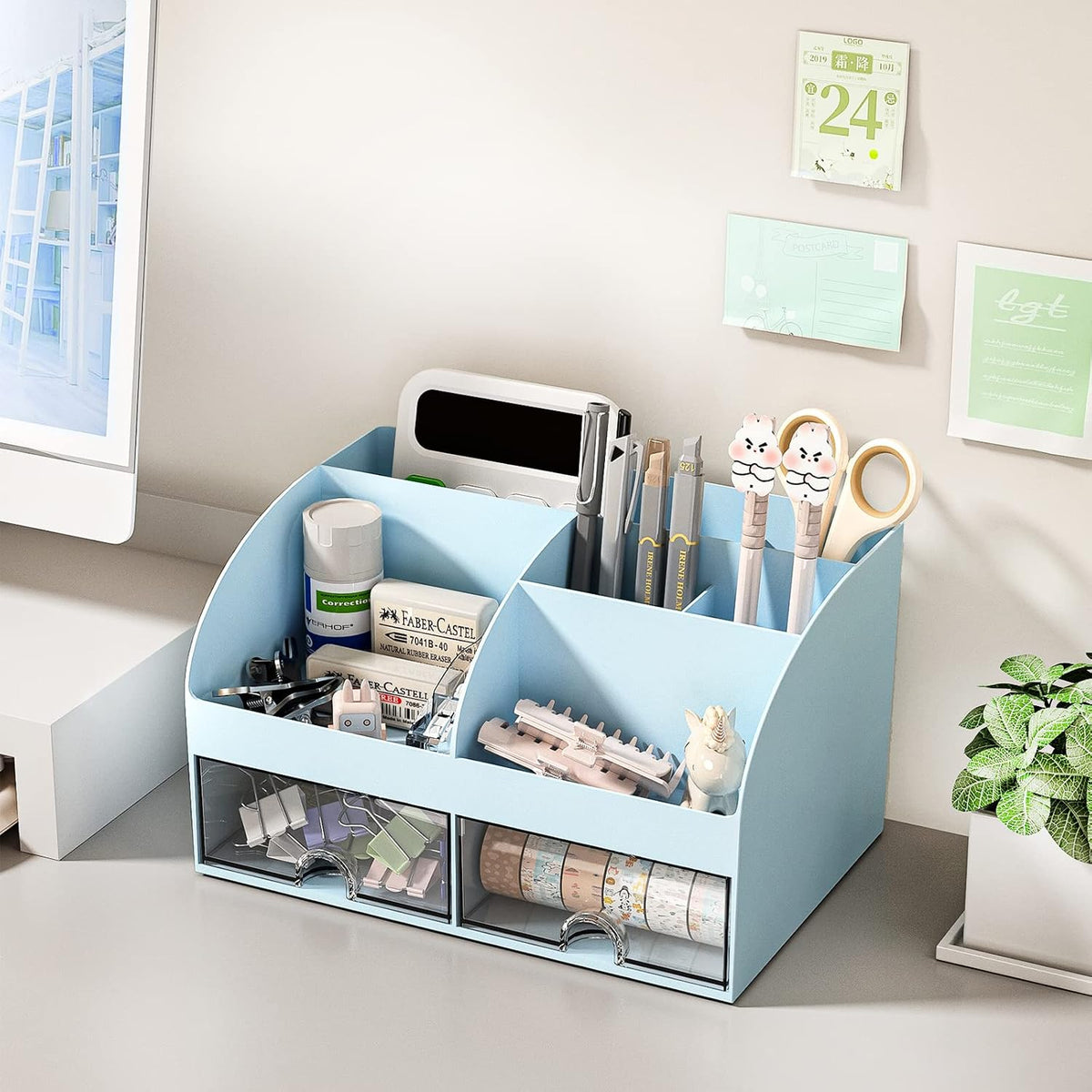 Desk Organizer with 6 Compartments and 2 Drawers, Plastic Makeup Organizer, Pen Holder for Desktop Storage, Desk Organization for School, Home, Office Supplies (White)