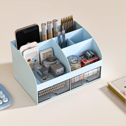 Desk Organizer with 6 Compartments and 2 Drawers, Plastic Makeup Organizer, Pen Holder for Desktop Storage, Desk Organization for School, Home, Office Supplies (White)