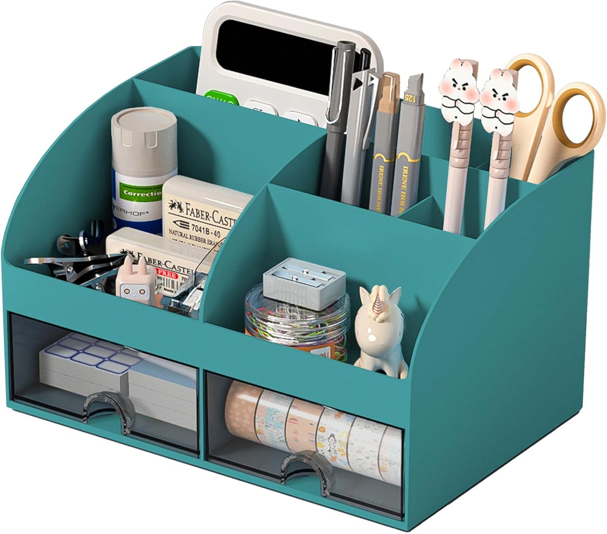 Desk Organizer with 6 Compartments and 2 Drawers, Plastic Makeup Organizer, Pen Holder for Desktop Storage, Desk Organization for School, Home, Office Supplies (White)