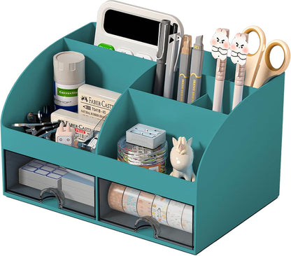 Desk Organizer with 6 Compartments and 2 Drawers, Plastic Makeup Organizer, Pen Holder for Desktop Storage, Desk Organization for School, Home, Office Supplies (White)