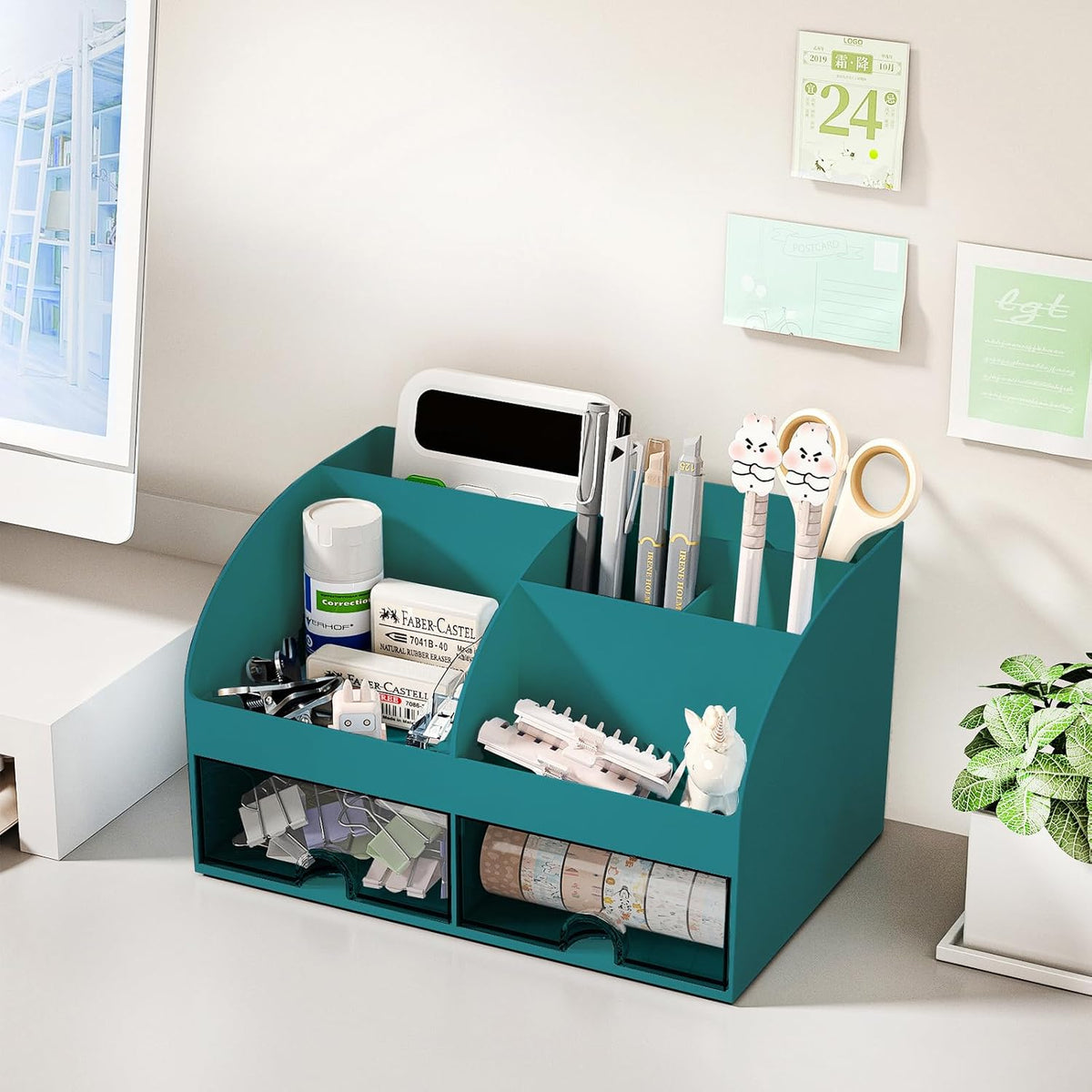 Desk Organizer with 6 Compartments and 2 Drawers, Plastic Makeup Organizer, Pen Holder for Desktop Storage, Desk Organization for School, Home, Office Supplies (White)