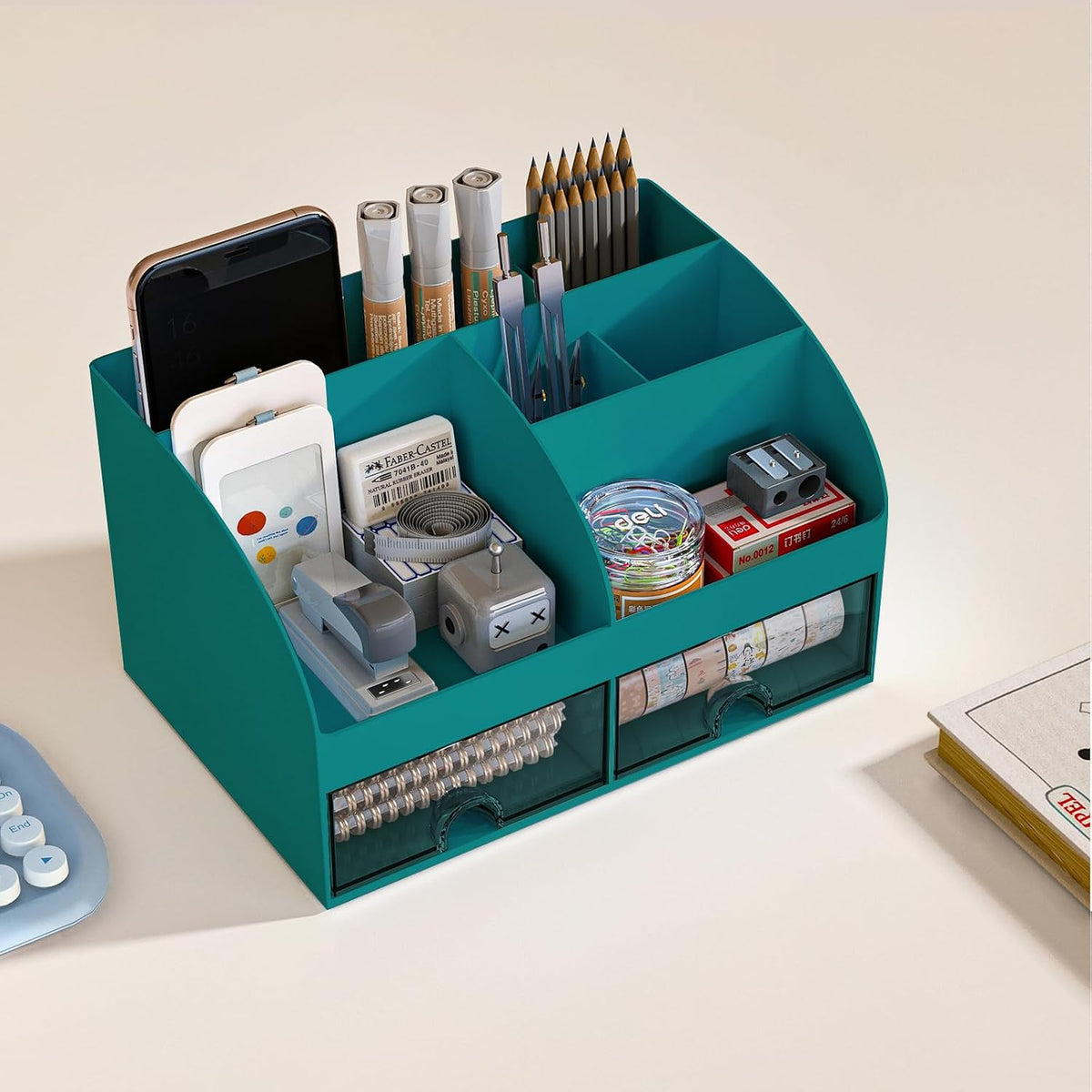 Desk Organizer with 6 Compartments and 2 Drawers, Plastic Makeup Organizer, Pen Holder for Desktop Storage, Desk Organization for School, Home, Office Supplies (White)