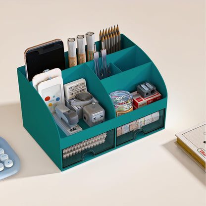 Desk Organizer with 6 Compartments and 2 Drawers, Plastic Makeup Organizer, Pen Holder for Desktop Storage, Desk Organization for School, Home, Office Supplies (White)