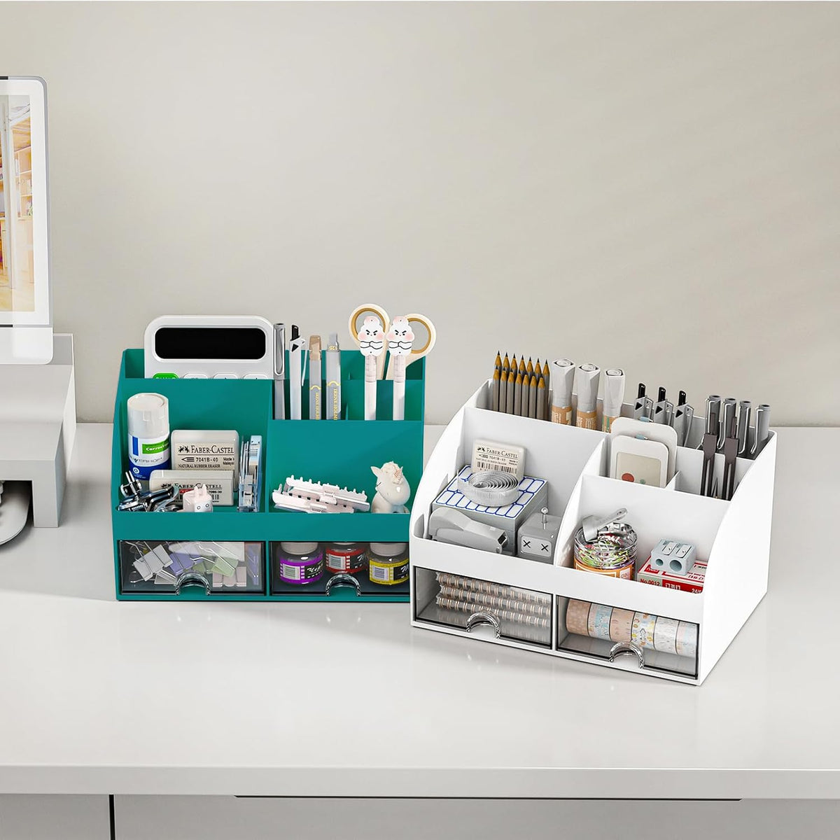 Desk Organizer with 6 Compartments and 2 Drawers, Plastic Makeup Organizer, Pen Holder for Desktop Storage, Desk Organization for School, Home, Office Supplies (White)