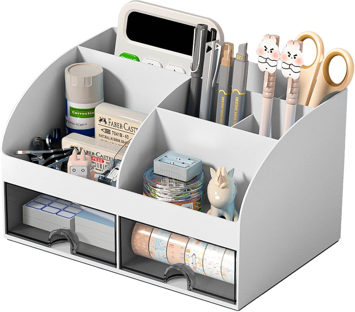 Desk Organizer with 6 Compartments and 2 Drawers, Plastic Makeup Organizer, Pen Holder for Desktop Storage, Desk Organization for School, Home, Office Supplies (White)