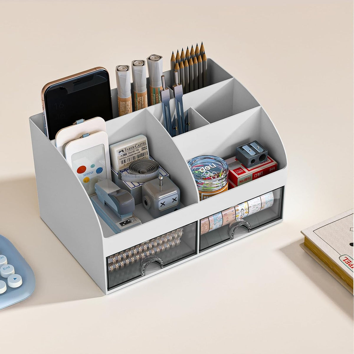 Desk Organizer with 6 Compartments and 2 Drawers, Plastic Makeup Organizer, Pen Holder for Desktop Storage, Desk Organization for School, Home, Office Supplies (White)