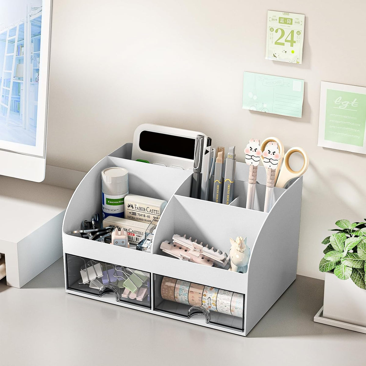 Desk Organizer with 6 Compartments and 2 Drawers, Plastic Makeup Organizer, Pen Holder for Desktop Storage, Desk Organization for School, Home, Office Supplies (White)