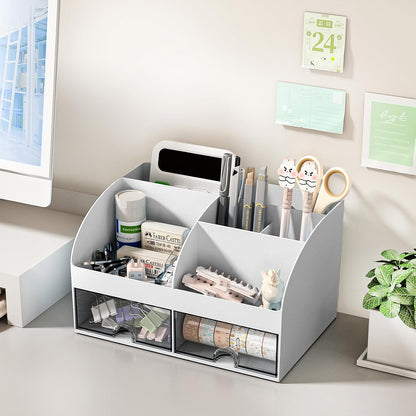 Desk Organizer with 6 Compartments and 2 Drawers, Plastic Makeup Organizer, Pen Holder for Desktop Storage, Desk Organization for School, Home, Office Supplies (White)