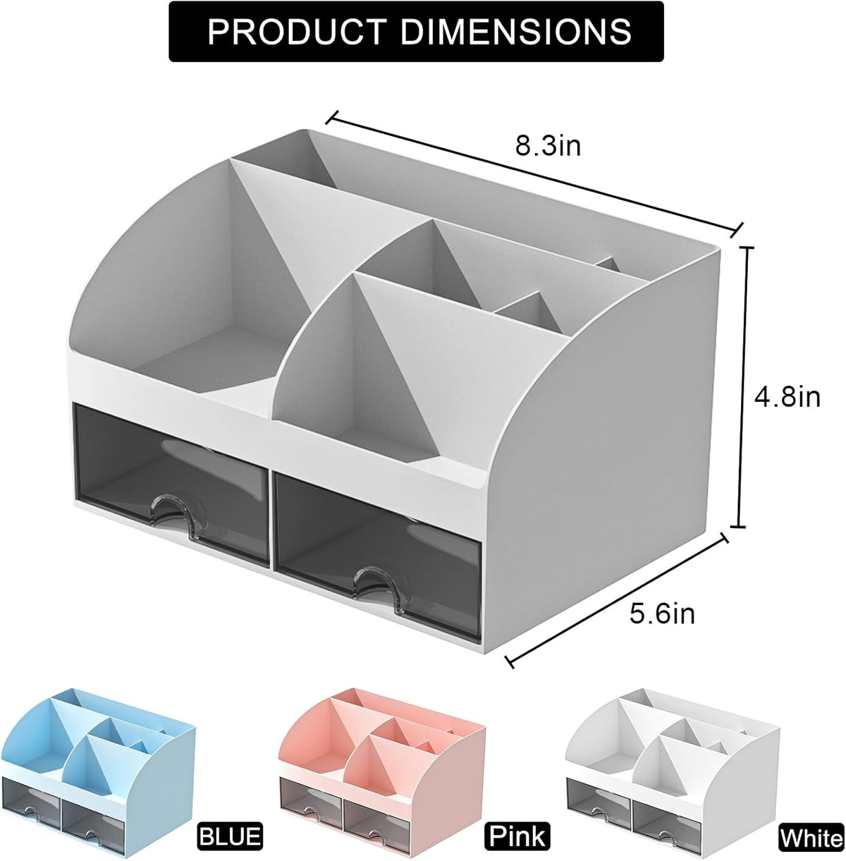 Desk Organizer with 6 Compartments and 2 Drawers, Plastic Makeup Organizer, Pen Holder for Desktop Storage, Desk Organization for School, Home, Office Supplies (White)