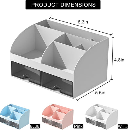 Desk Organizer with 6 Compartments and 2 Drawers, Plastic Makeup Organizer, Pen Holder for Desktop Storage, Desk Organization for School, Home, Office Supplies (White)
