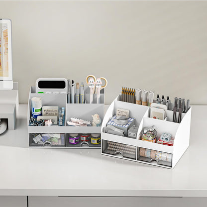 Desk Organizer with 6 Compartments and 2 Drawers, Plastic Makeup Organizer, Pen Holder for Desktop Storage, Desk Organization for School, Home, Office Supplies (White)