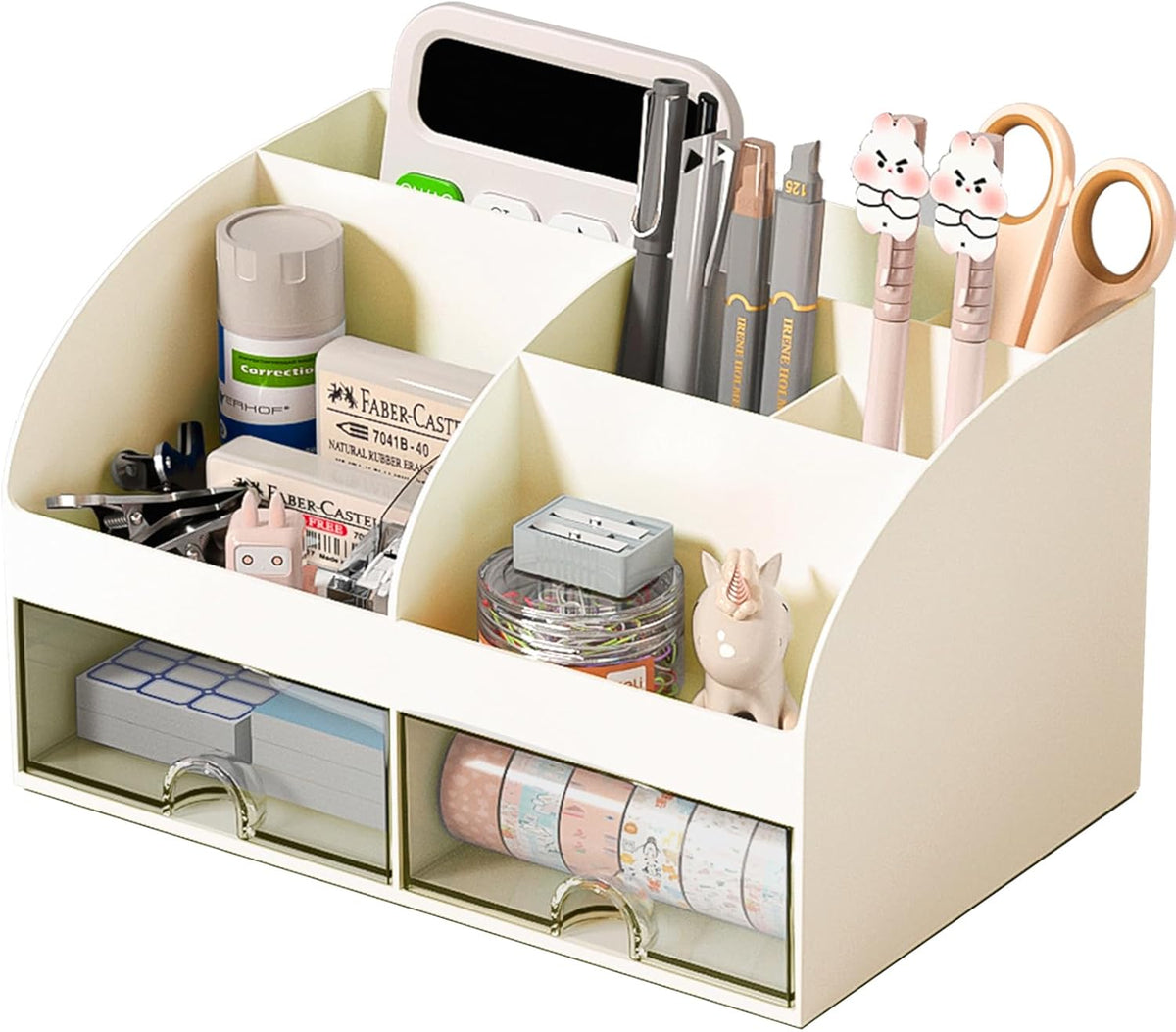 Desk Organizer with 6 Compartments and 2 Drawers, Plastic Makeup Organizer, Pen Holder for Desktop Storage, Desk Organization for School, Home, Office Supplies (White)