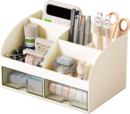 Desk Organizer with 6 Compartments and 2 Drawers, Plastic Makeup Organizer, Pen Holder for Desktop Storage, Desk Organization for School, Home, Office Supplies (White)