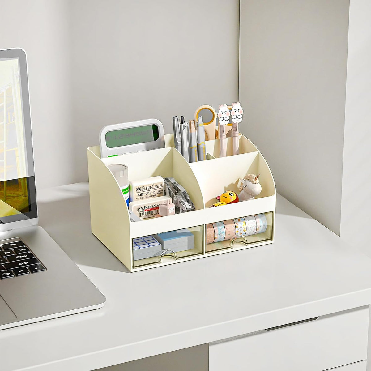 Desk Organizer with 6 Compartments and 2 Drawers, Plastic Makeup Organizer, Pen Holder for Desktop Storage, Desk Organization for School, Home, Office Supplies (White)