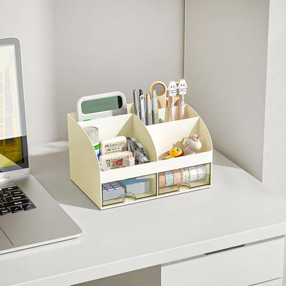 Desk Organizer with 6 Compartments and 2 Drawers, Plastic Makeup Organizer, Pen Holder for Desktop Storage, Desk Organization for School, Home, Office Supplies (White)